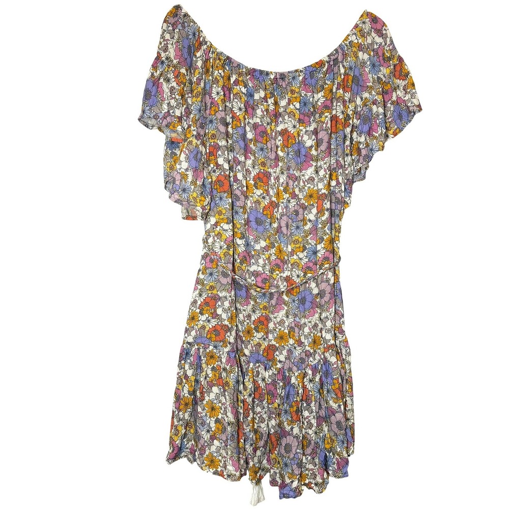 Cynthia Rowley Floral Off Shoulder Mini Dress XL Purple Orange Boho Tassel Belt - Picture 11 of 12